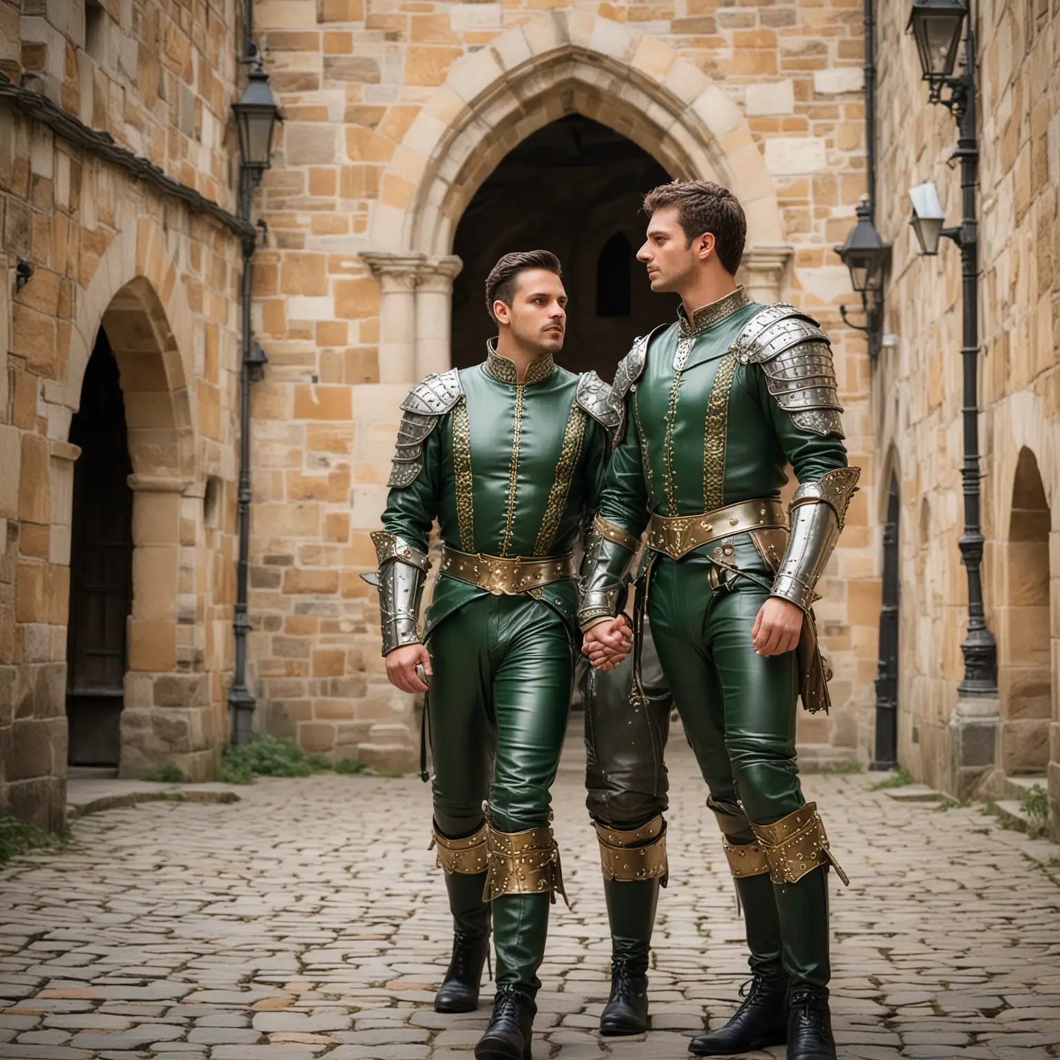 Two handsome gay Knights, wearing green leather pants, gold cod-piece across the groin, silver breastplates, hold hands as they walk together in a castle courtyard