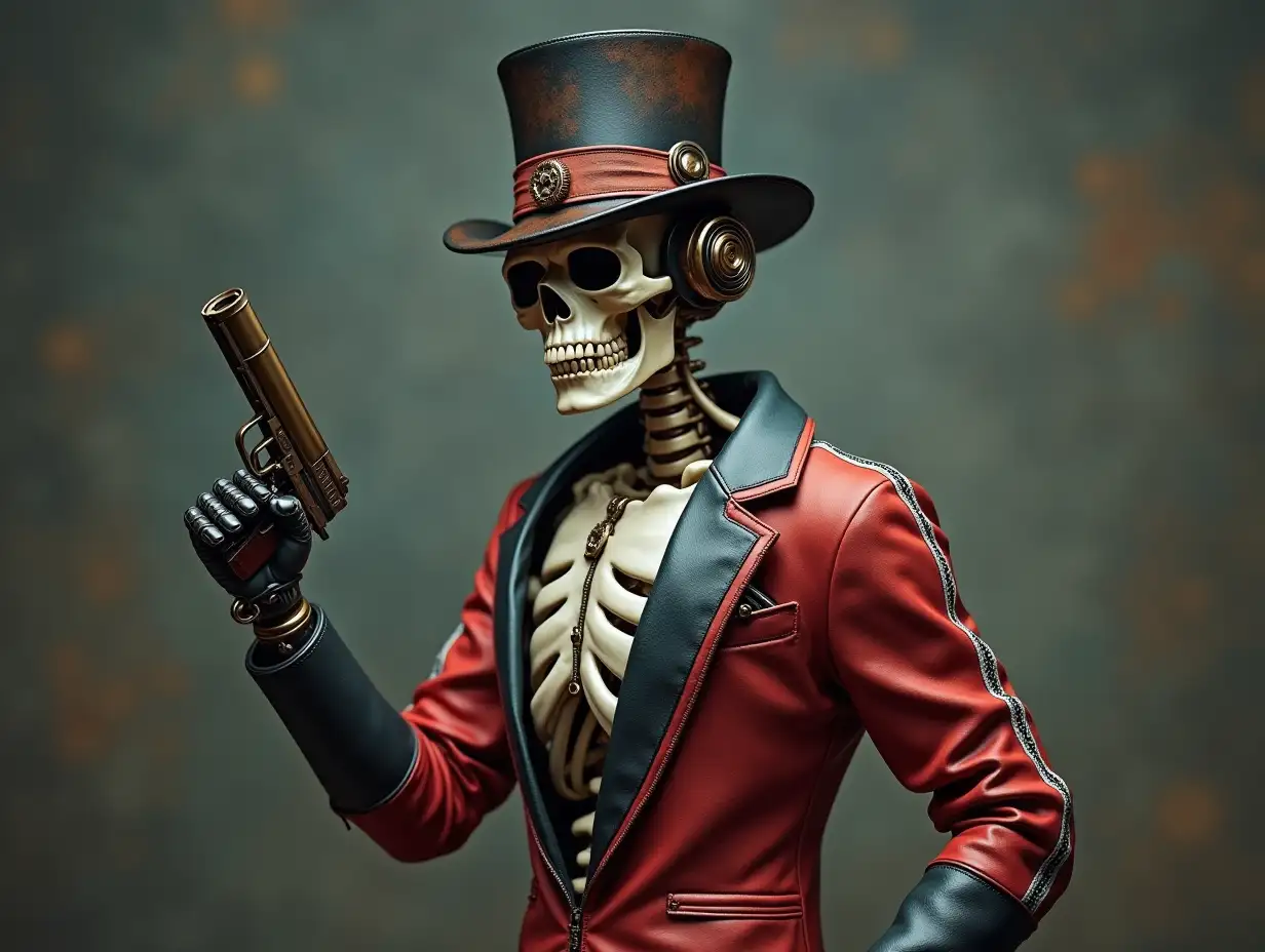 Create a high-resolution, realistic image of a robot, that has a skeleton body, porcelain hands and head, a fashionable tracksuit, a Steampunk top hat and a pistol in 4K resolution (Steampunk 8K quality)