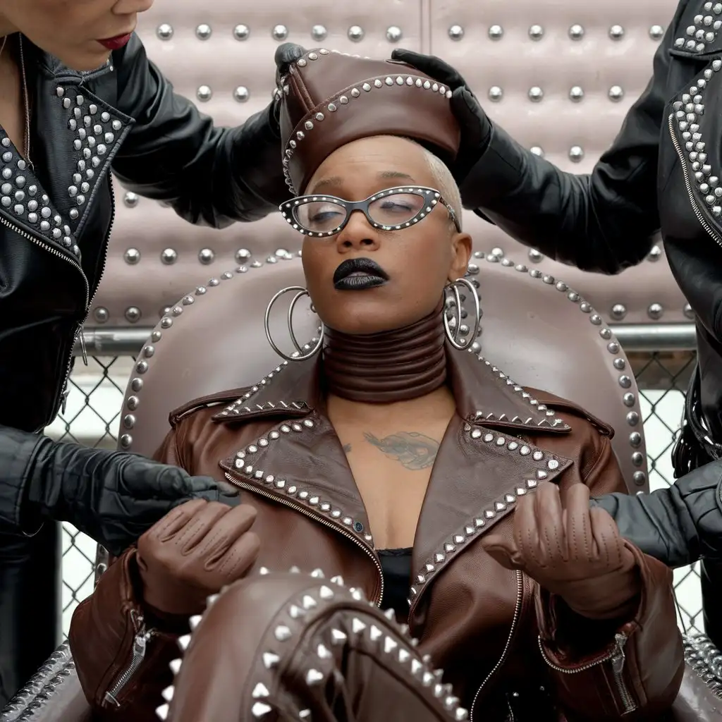 Cynthia-Erivo-in-Leather-Motorcycle-Jacket-with-Studded-Accessories-Sitting-in-Dentist-Chair