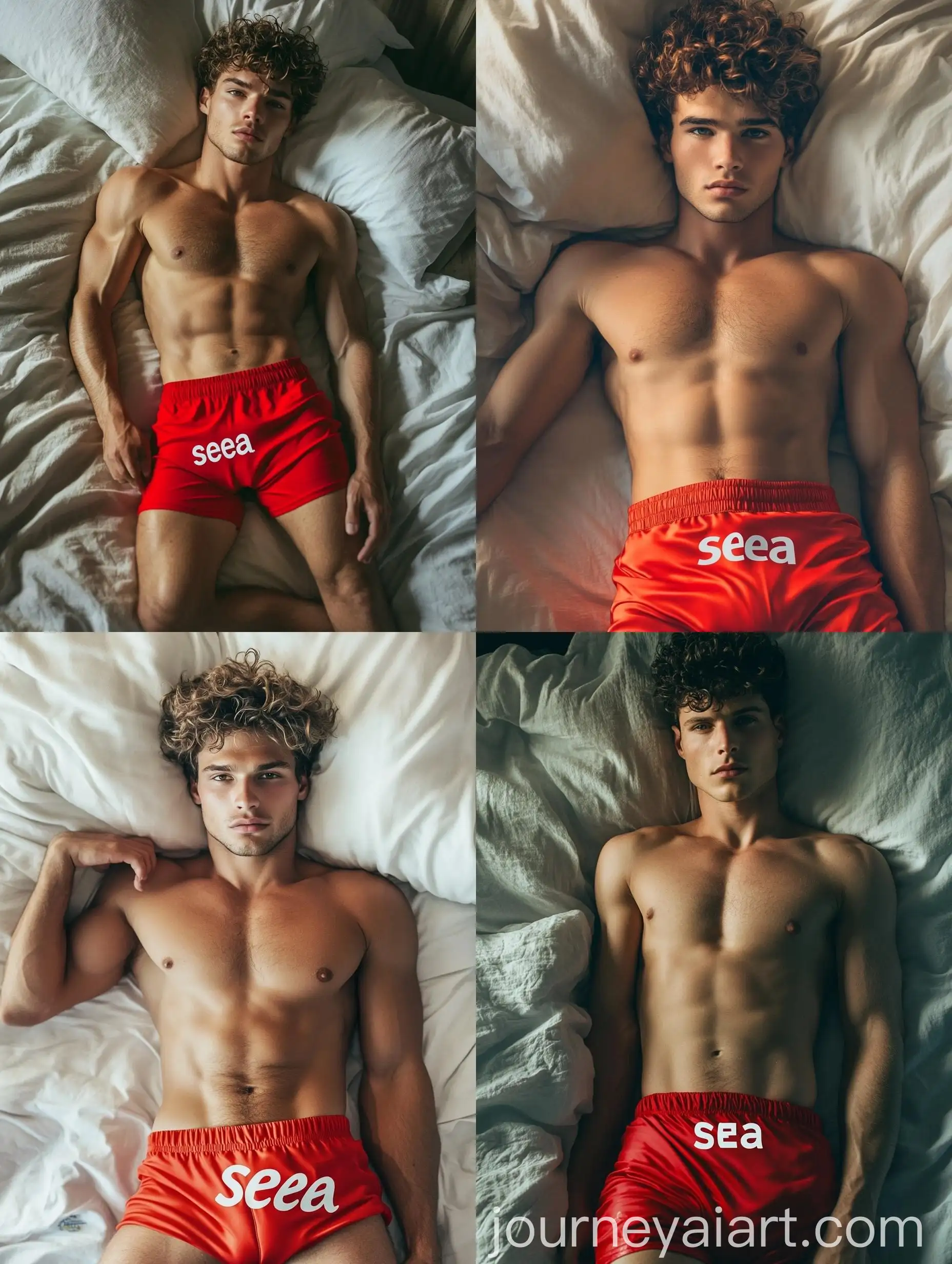 Young-Man-Relaxing-in-Bed-with-Red-Swim-Trunks-and-Sea-Text