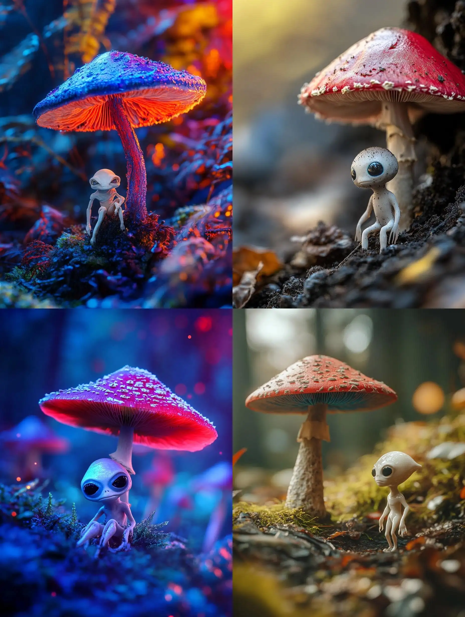 Macro-Photograph-of-Red-and-Blue-Mushroom-with-Hidden-Ethereal-Alien-in-Humid-Forest