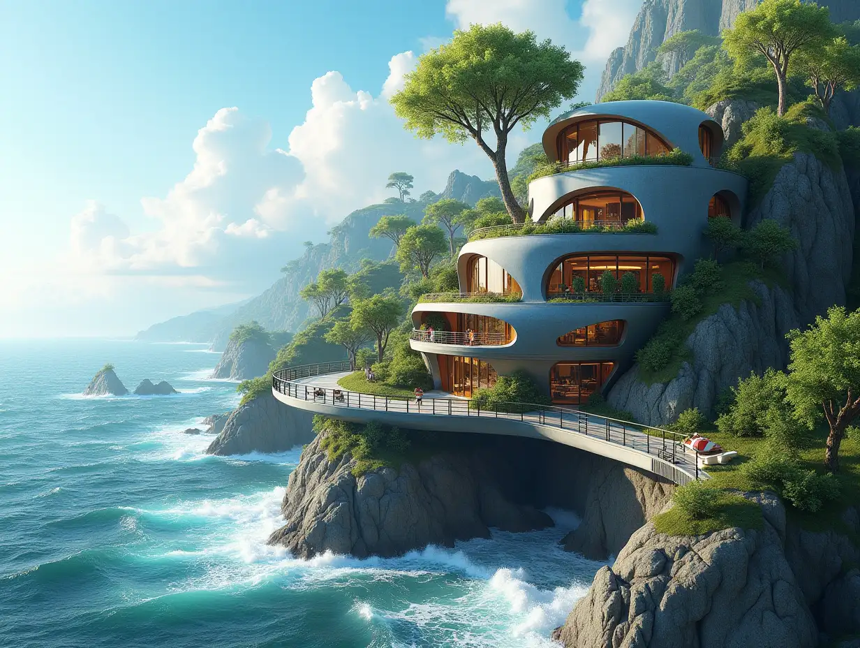 Create a high-resolution, realistic panorama image of a futuristic terrace building with snail-house windows, bridge and steps to the mainland with many plants and grey and brown facades with sea, very large waves, big trees, blue sky