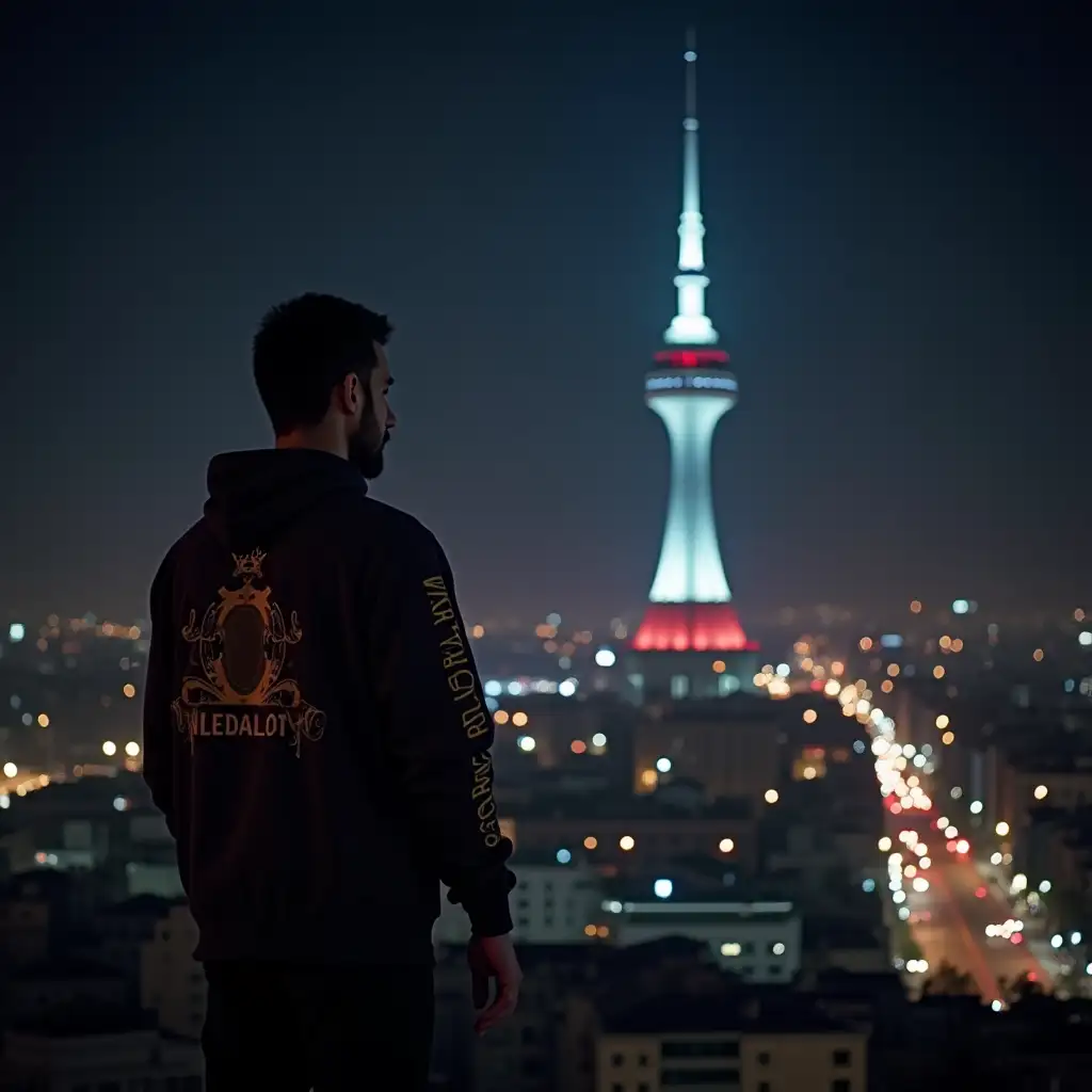 Man-in-Hiphop-Clothes-Gazing-at-Milad-Tower-in-Tehran-at-Night