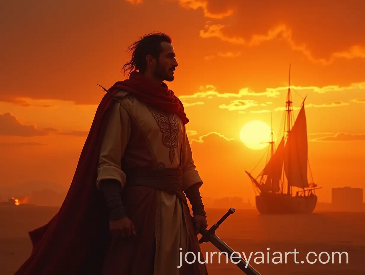 Epic-Portrait-of-Tariq-bin-Ziyad-Amidst-Fiery-Sunset-and-Burning-Fleet