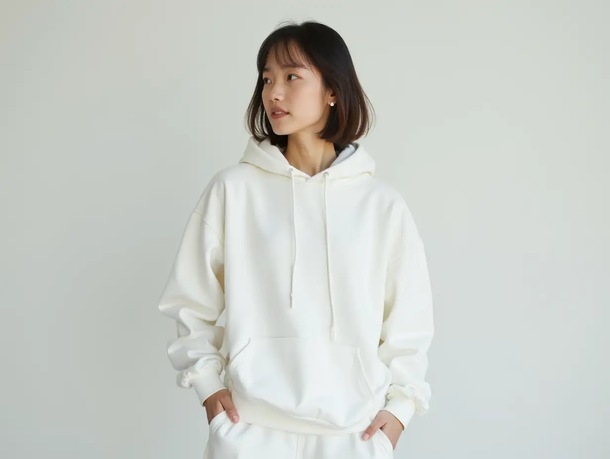 an asian girl model wearing white hoodie and white sweatpants