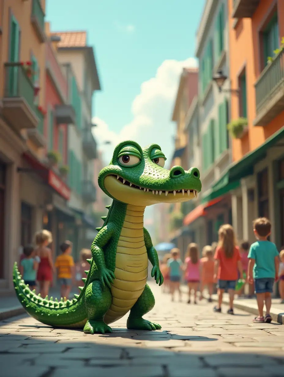 A crocodile in the streets of a happy city that watches children on the street