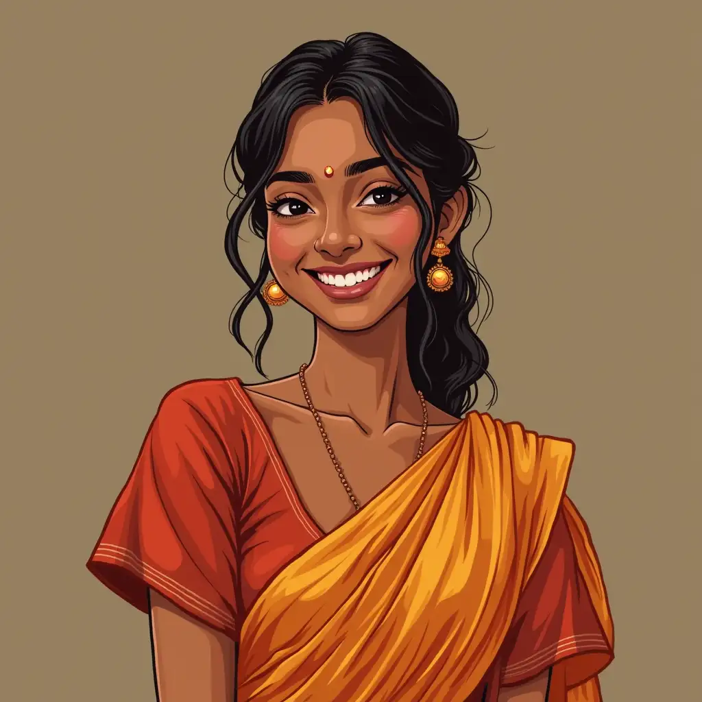 Smiling-Indian-Woman-in-LowCut-Blouse-Character-Portrait-in-Vibrant-Indian