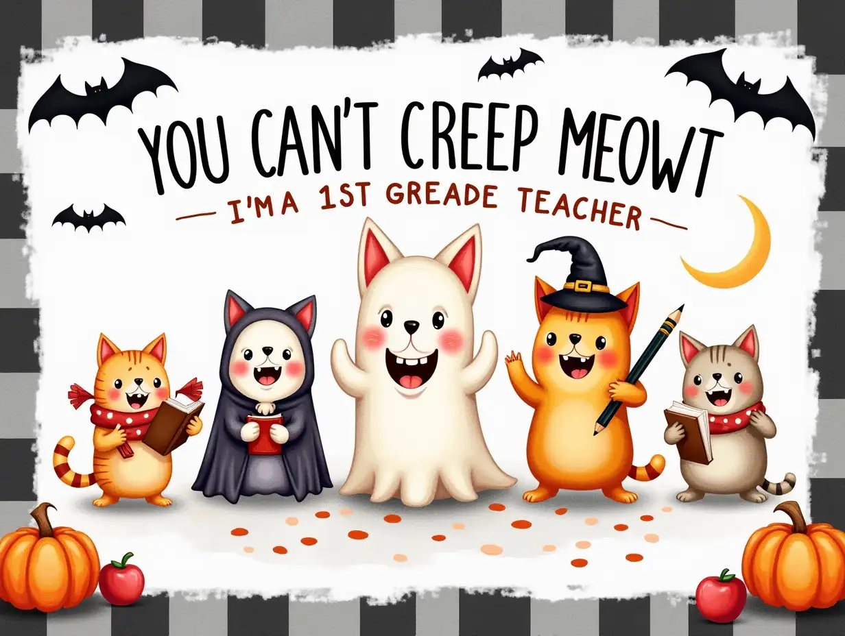 Watercolor, Vector. the word 'YOU CAN'T CREEP MEOWT I'M A 1ST GREADE TEACHER' in bold. A playful scene with a mischievous ghost surrounded by four adorable cat ghosts. The ghosts are wearing Halloween costumes and holding school supplies, such as a pencil, a notebook, and an apple. The background is a black and white checkered pattern, with bats and a moon in the distance. The overall style is detailed and colorful, with a focus on the whimsy and spookiness of Halloween.