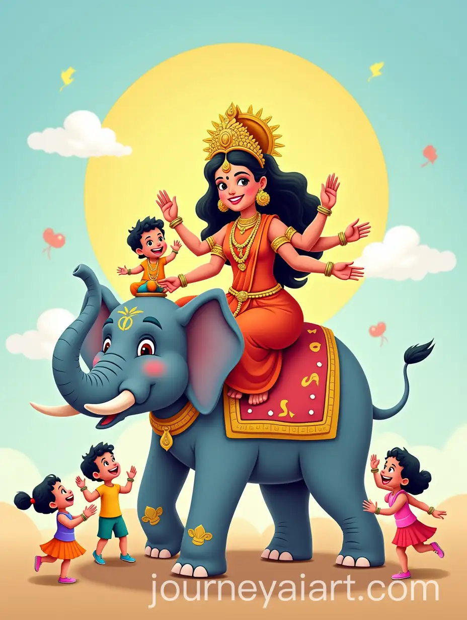 Durga-Maa-and-Her-Joyful-Children-Riding-a-Majestic-Elephant