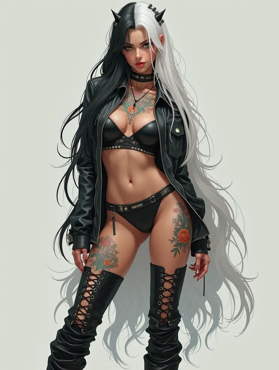 Depiction of a beautiful white woman with tattoos and long mixed white-black hair in a futuristic style and laced boots