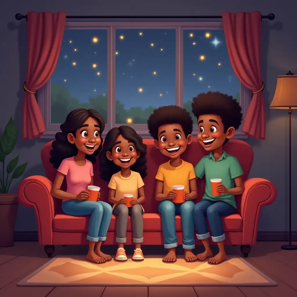 Family Movie Night Childrens Illustration with Black Mom Grandma Aunt and Uncle in Living Room