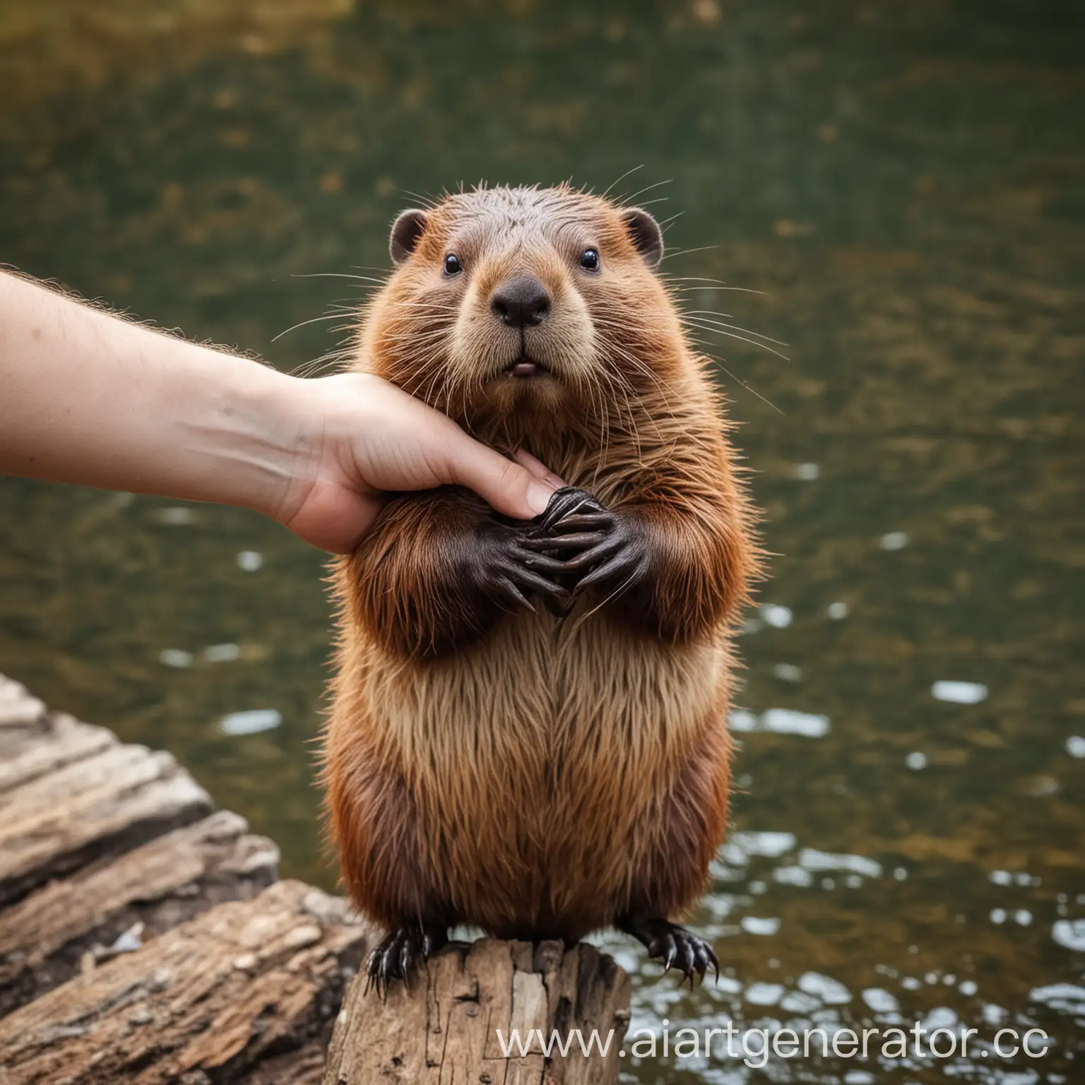 The hand holds the beaver by the neck