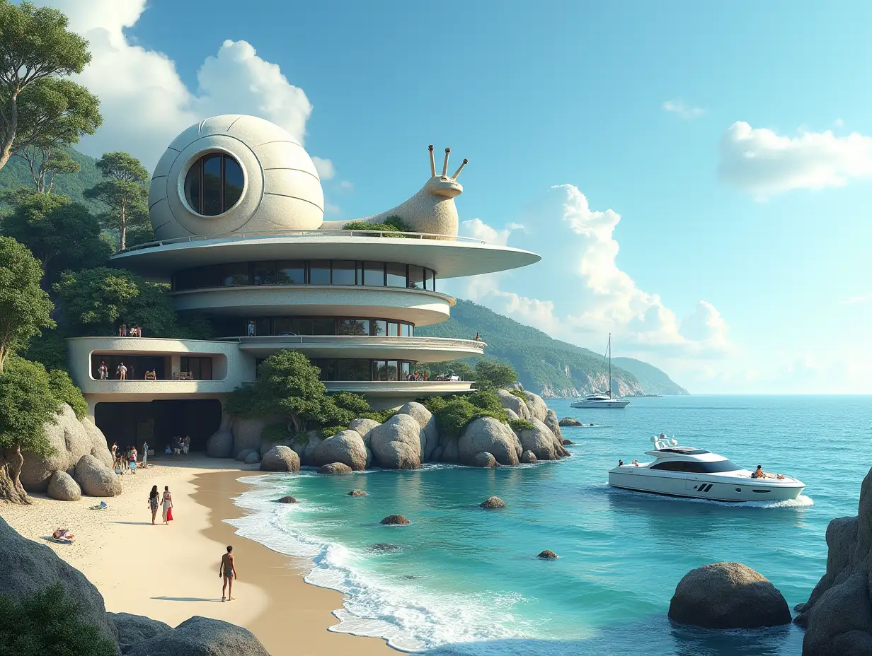 Create a high-resolution, realistic panorama image of a futuristic terrace building with window snail house with parking and a 1959 Cadillac Eldorado bridge a yacht and a small boat beach with people many plants and gray and brown facades with sea with waves, large trees, blue sky