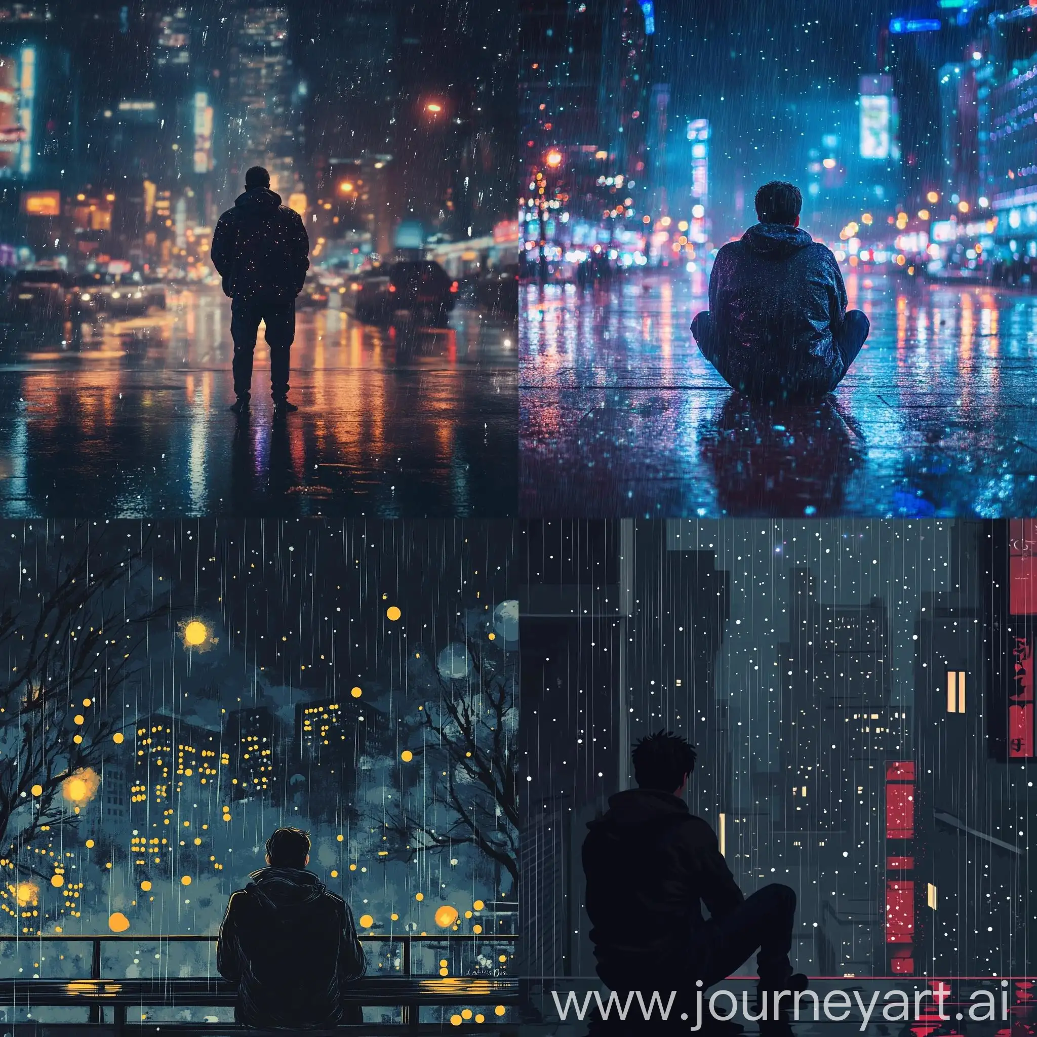 Melancholic-Man-Stargazing-in-a-Rainy-Cityscape