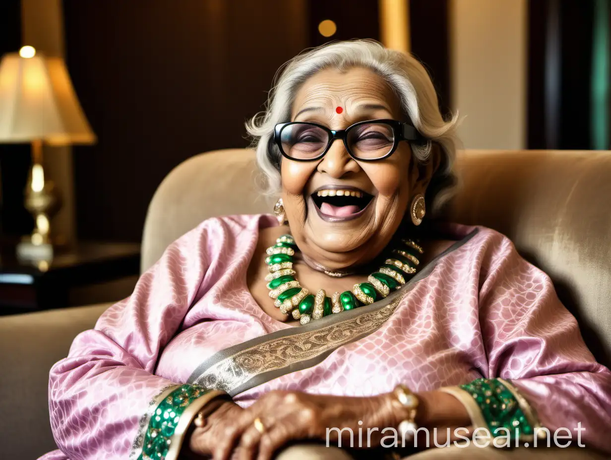 Happy Mature Bangladeshi Muslim Woman Laughing on Luxurious Hotel Sofa