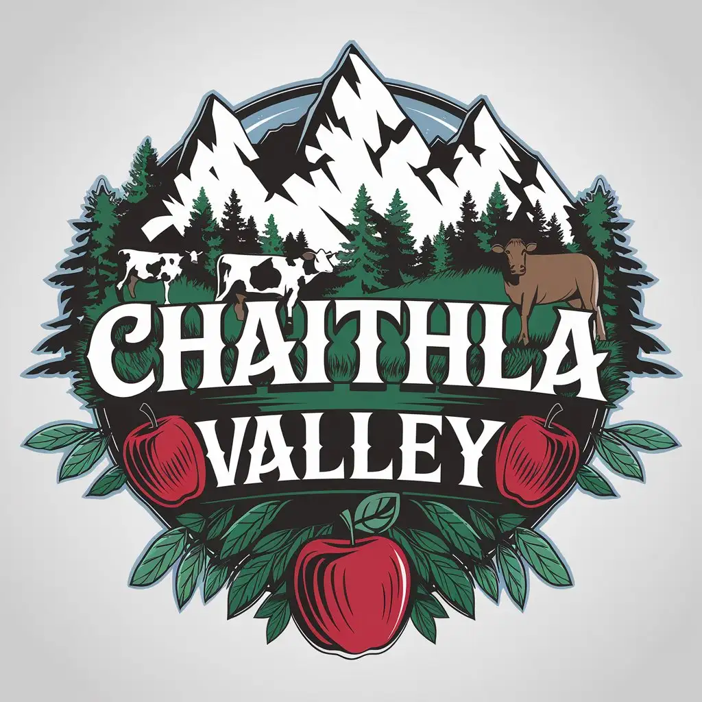 LOGO Design for Chaithla Valley SnowCapped Mountains Cows Pine Trees and Apples Theme