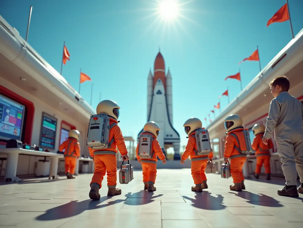 A group of young astronaut children, around 4-5 years old, wearing miniature space suits, are gathered at a futuristic space center on Earth. others are helping engineers with small tasks, like carrying tiny toolboxes or pretending to check control panels. The space center is filled with excitement, with mission control visible in the background and a bright blue sky above. The scene is vibrant, showing the final preparations before their journey to Mars