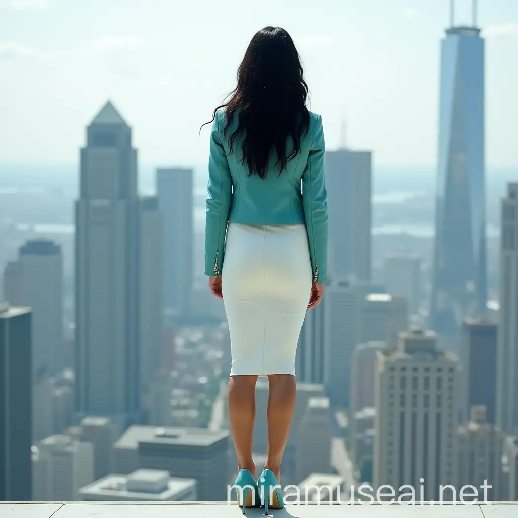 Fashionable Woman in Aqua Leather Jacket and Skirt Gazing at City Skyline