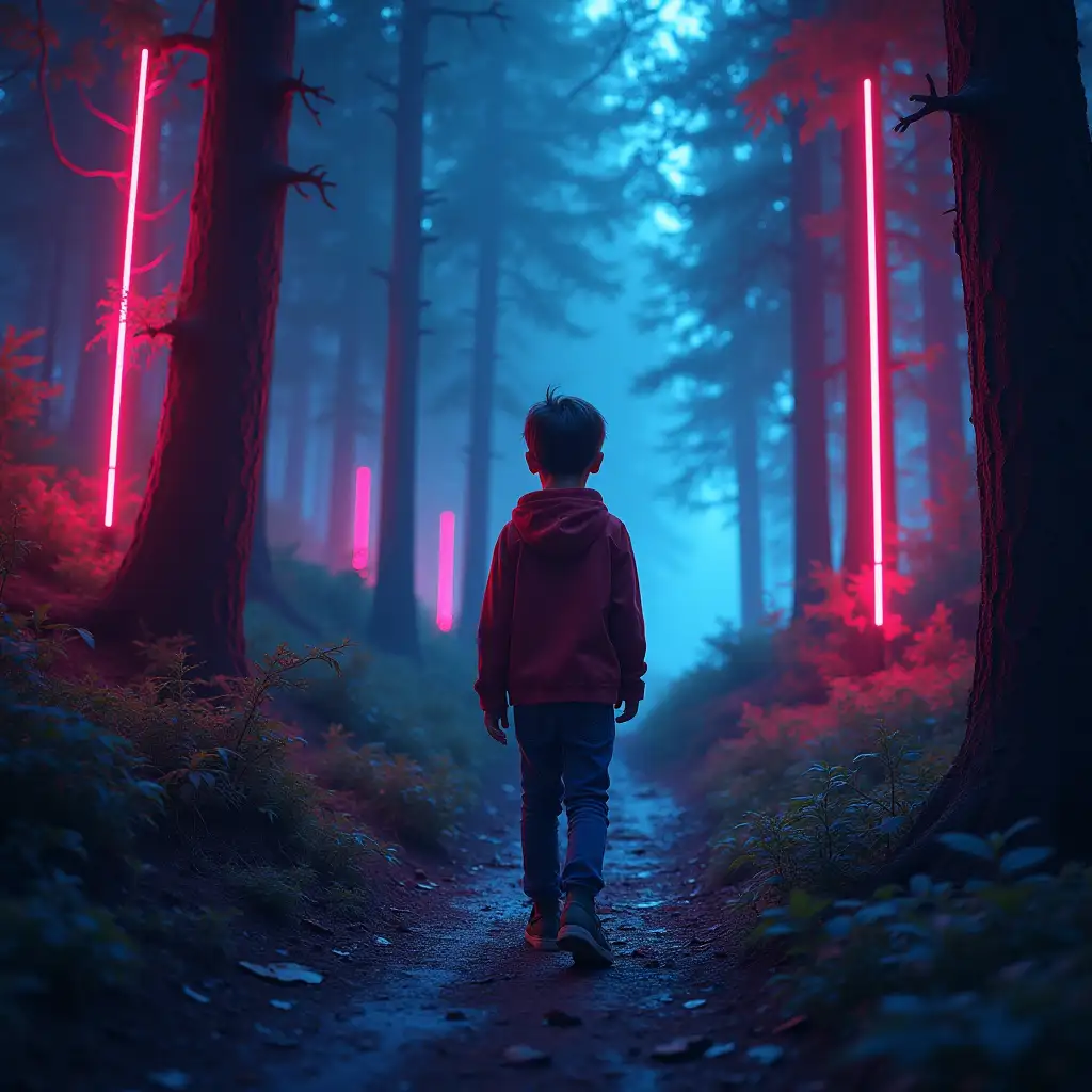 Strong kid in a neon forest