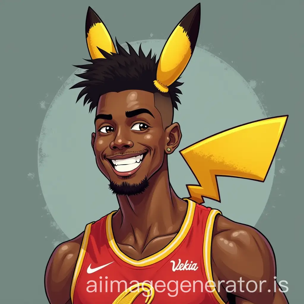 Create a portrait photo of Jimmy Butler's media day NBA with the haircut of Pikachu avatar