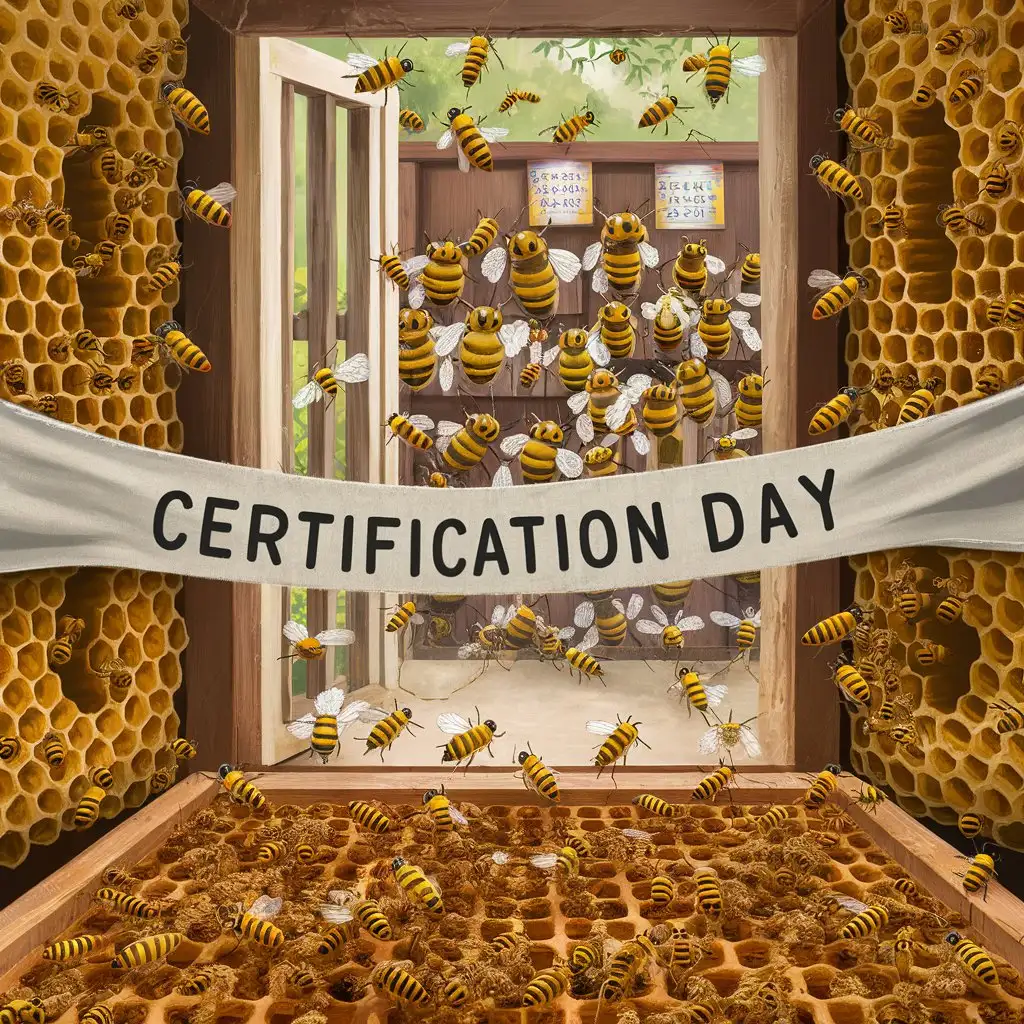 Busy Honeybee Hive with Certification Day Banner