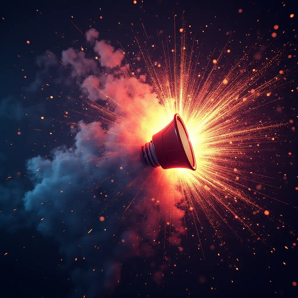 Exploding speakers creating shockwaves of color and light.