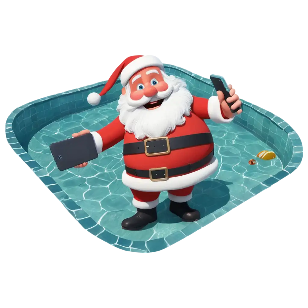 Santa-Claus-in-a-Big-Pool-with-a-Cell-Phone-PNG-PixarStyle-Image-for-Fun-Holiday-Graphics