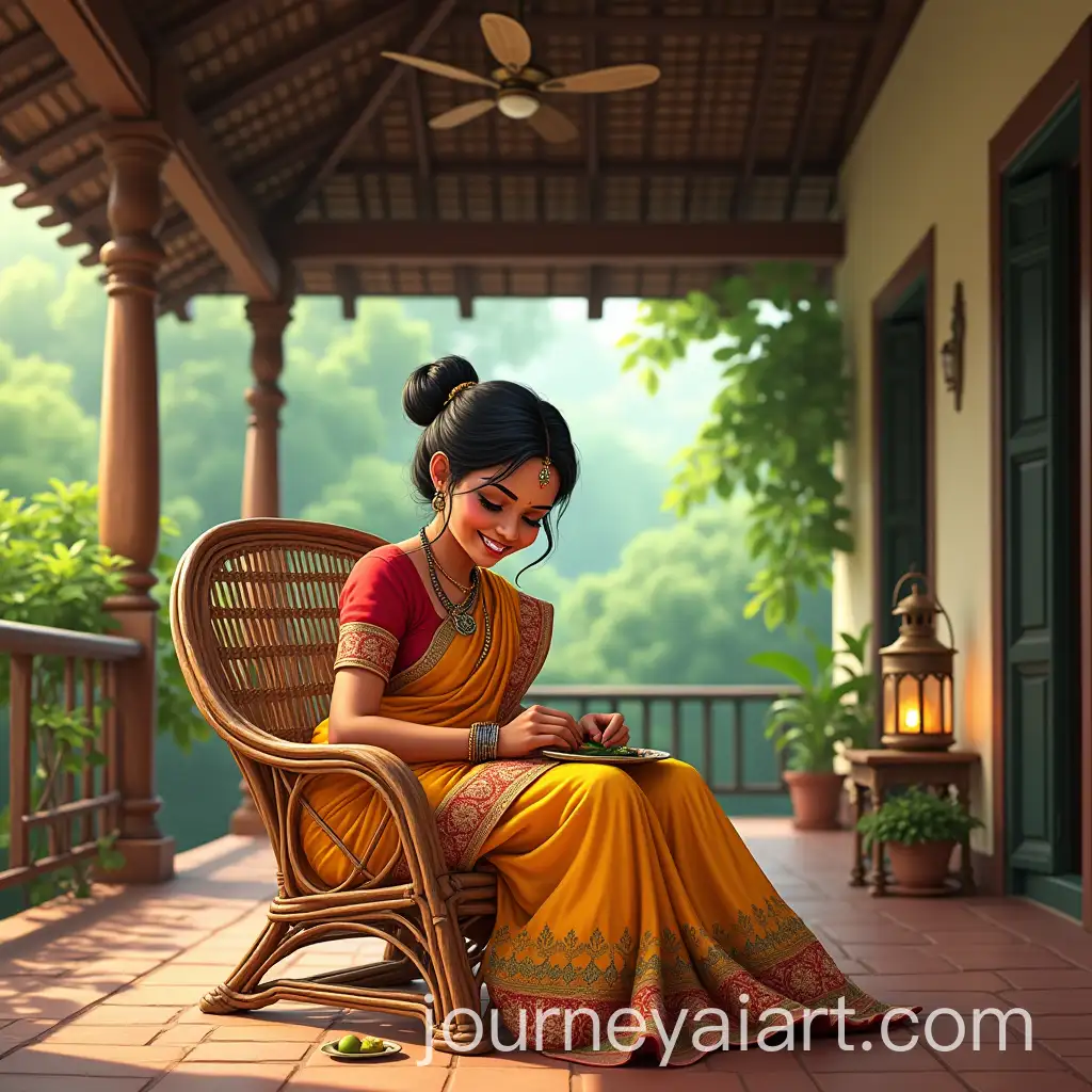 Young-South-Indian-Woman-Preparing-Betel-Leaves-on-Verandah-in-Traditional-Ancestral-Home