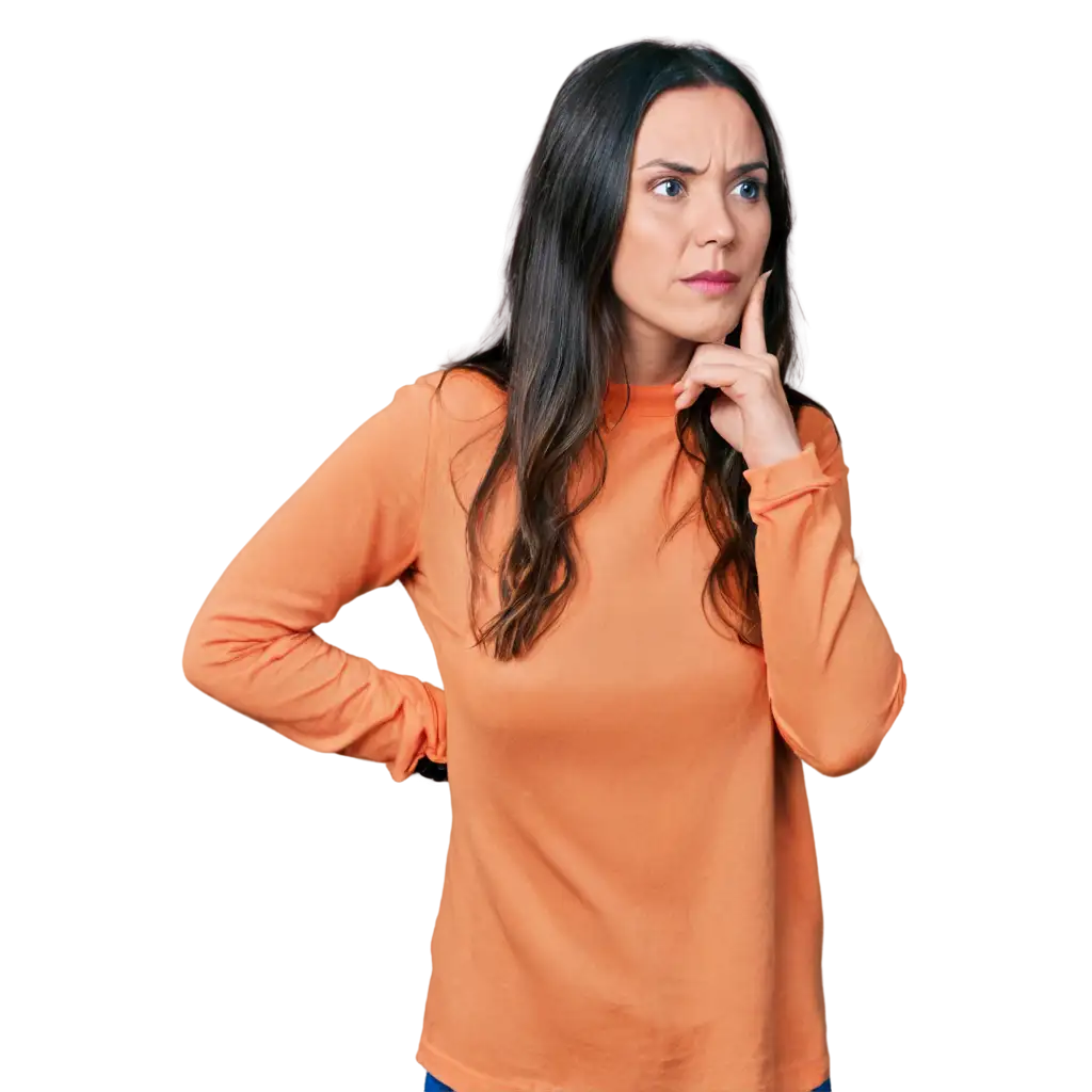 PNG-Image-of-Woman-in-Orange-Shirt-Contemplating-with-Hand-on-Chin