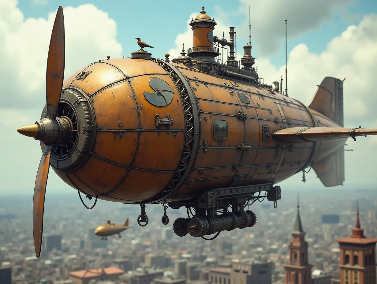 A detailed Steampunk style airship with propeller complicated gears steam powered. Flying over a city Premium Picture