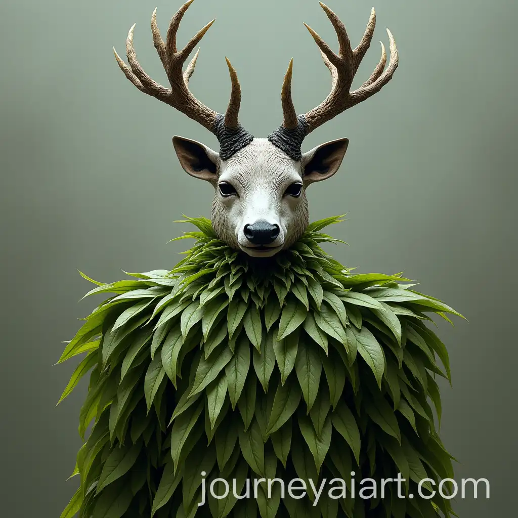 Man-Wearing-Corn-Leaves-Suit-and-White-Deer-Mask-with-Black-Crest