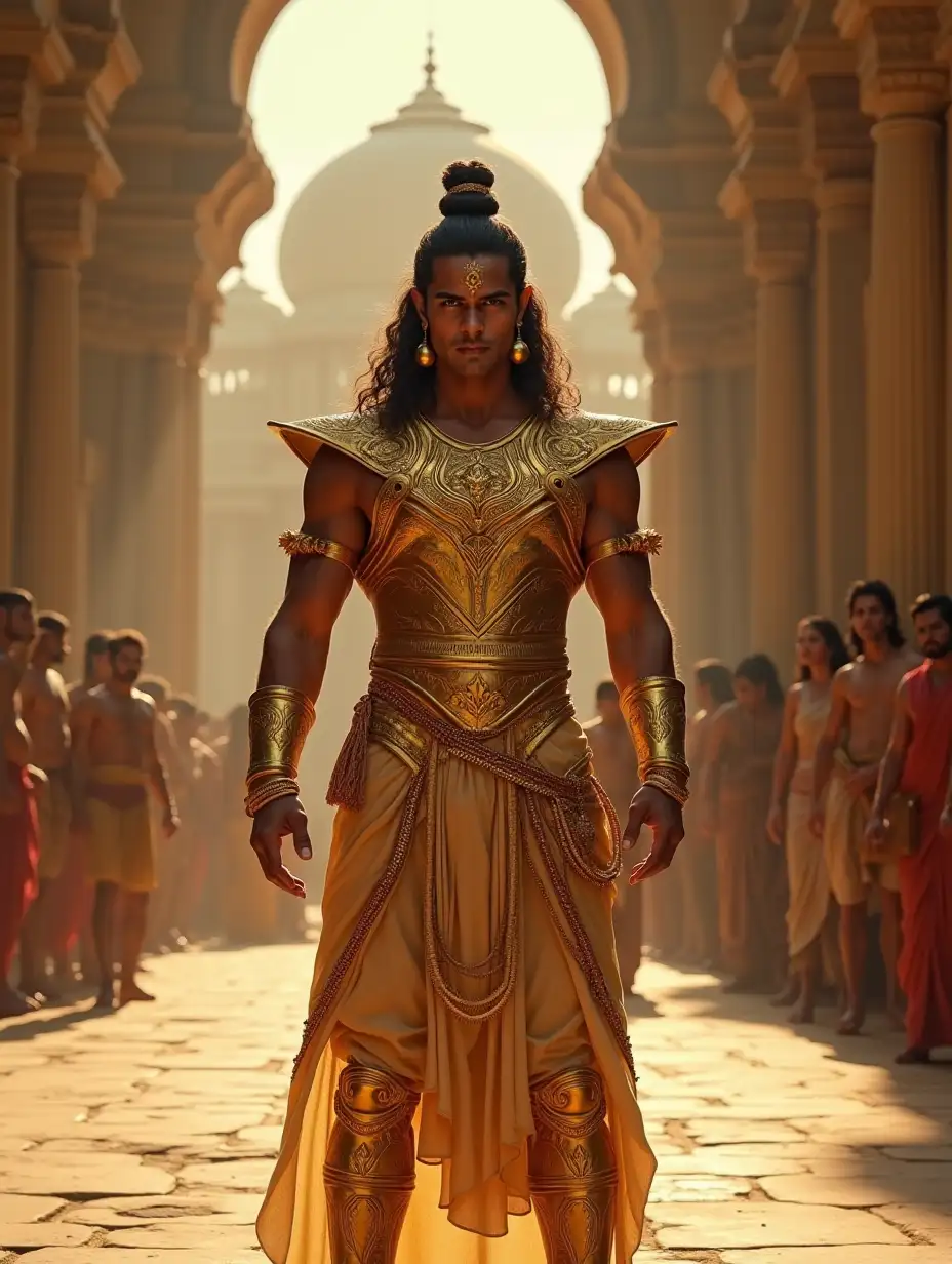 Karna-in-Gleaming-Golden-Armor-Standing-Proud-in-Indian-Palace-Court