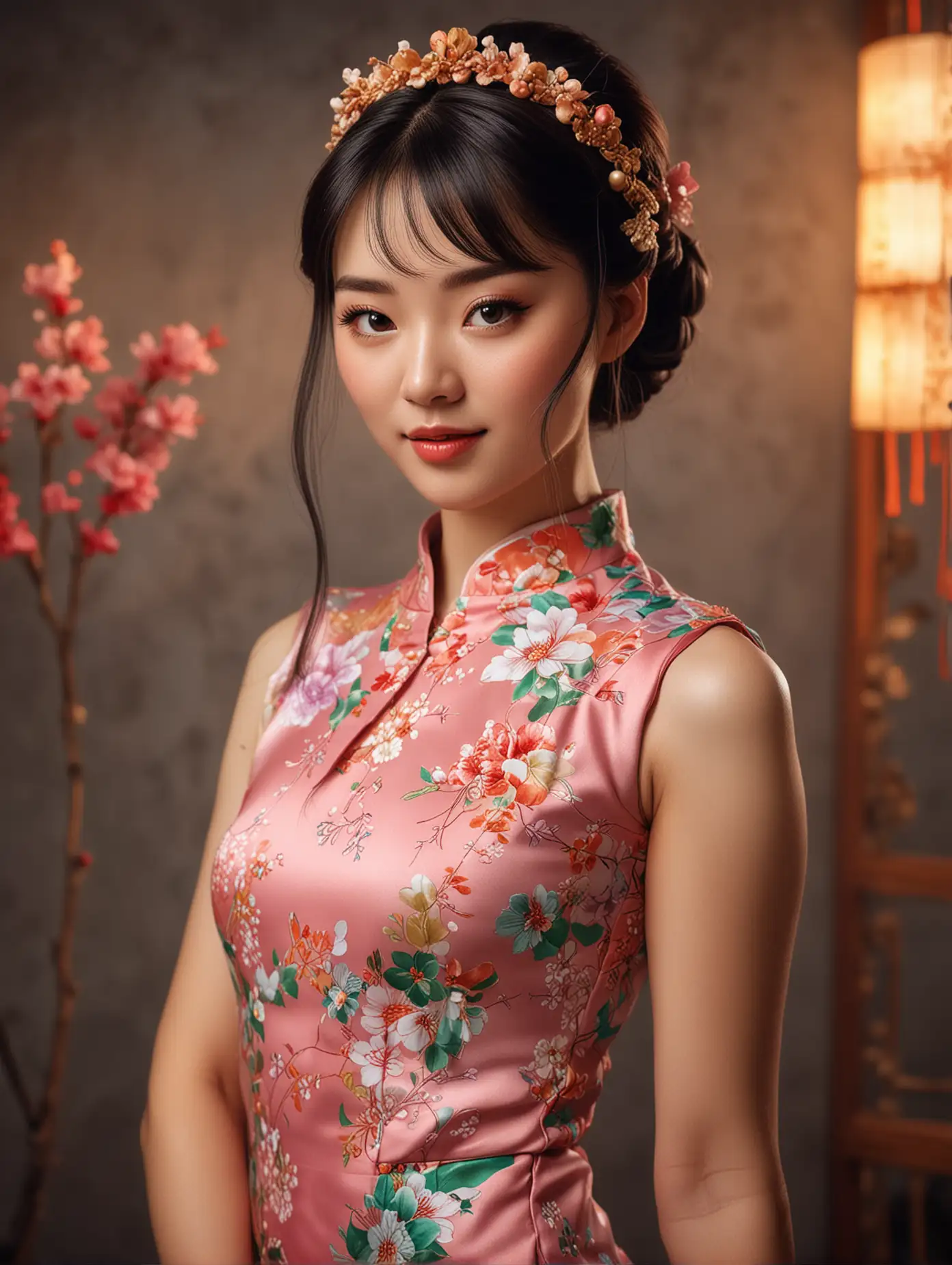 Gorgeous-Woman-in-Qipao-with-Braided-Wedding-Hairstyle-and-Flirty-Pose