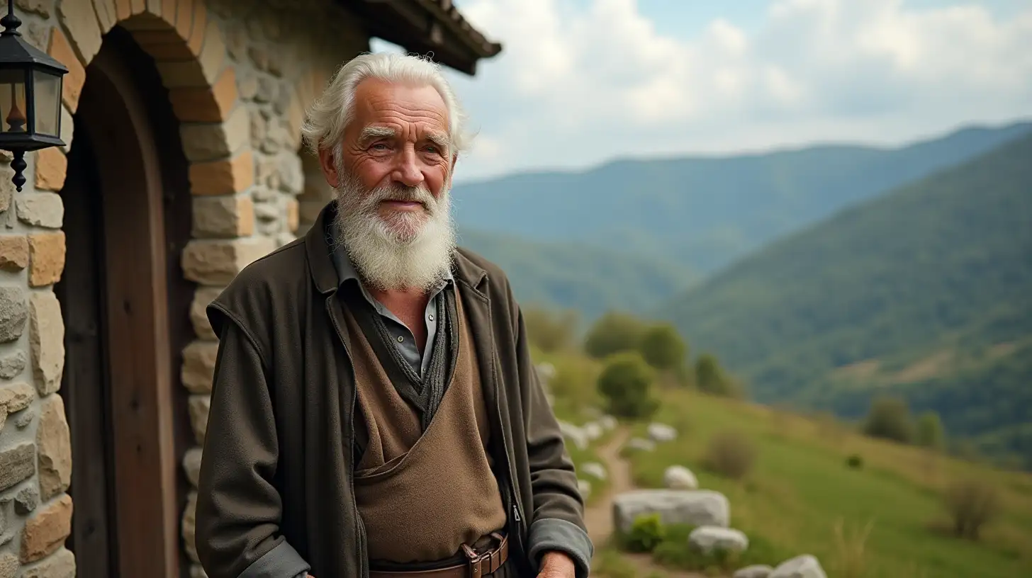 Wise Old Man Outside Stone House with Scenic Background