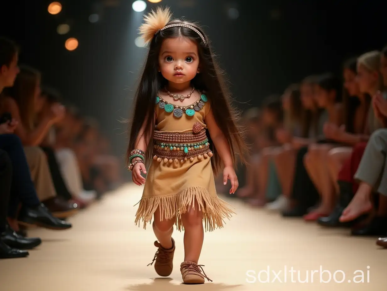 In Paris Collection, a baby modeled after pocahontas walks the runway, a baby👶 top model, walking, (full-body image), (audience on both sides), the runway of Paris Collection, the runway of Paris Collection, (eccentric fashion), outrageous fashion, flashy fashion, Paris Collection