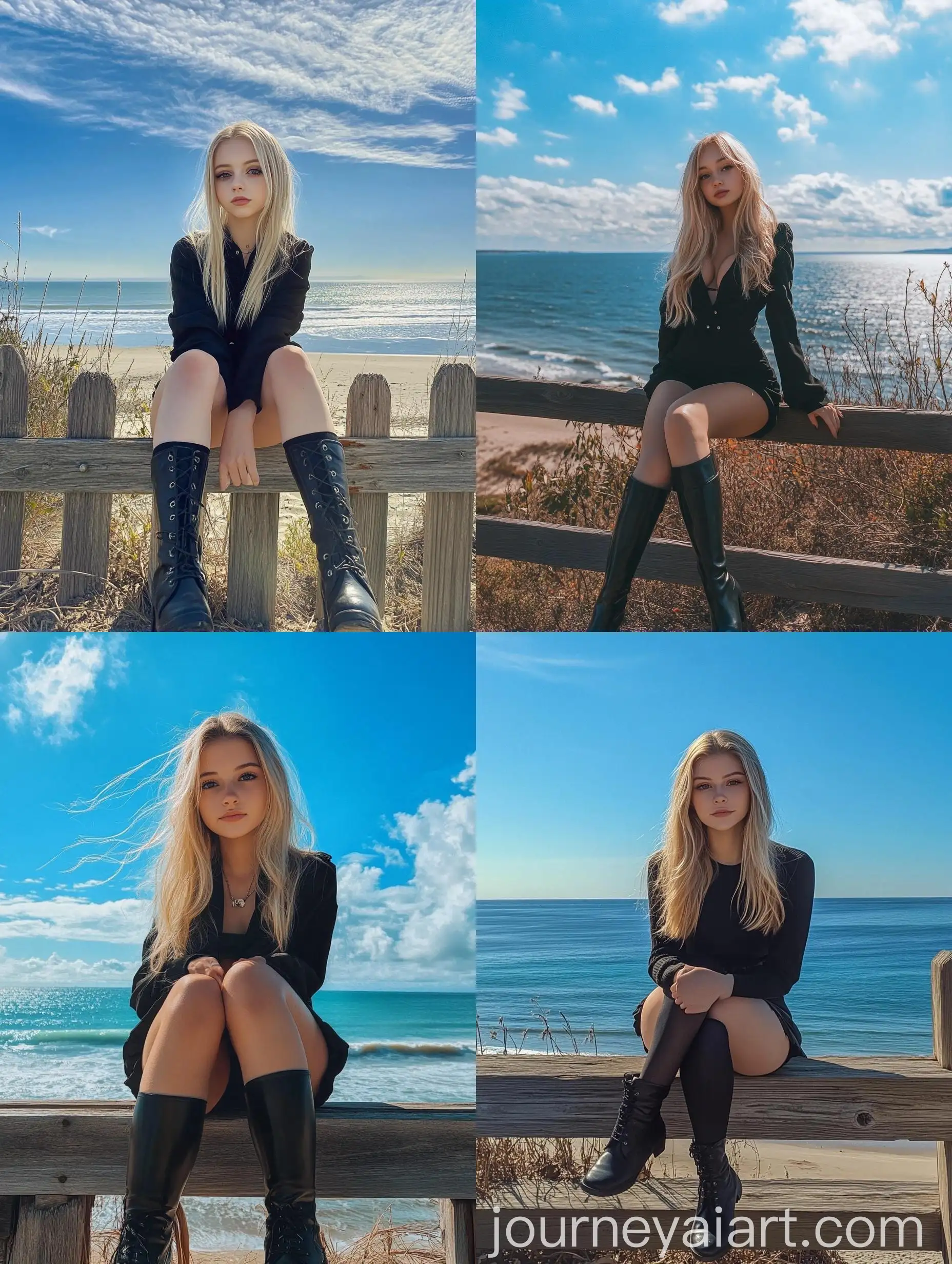 Blonde-Girl-Sitting-on-Wooden-Fence-by-the-Sea-under-Blue-Sky