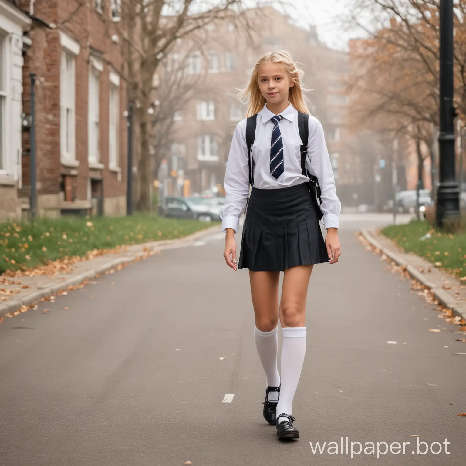 School girl walking down the street, blond with white socks