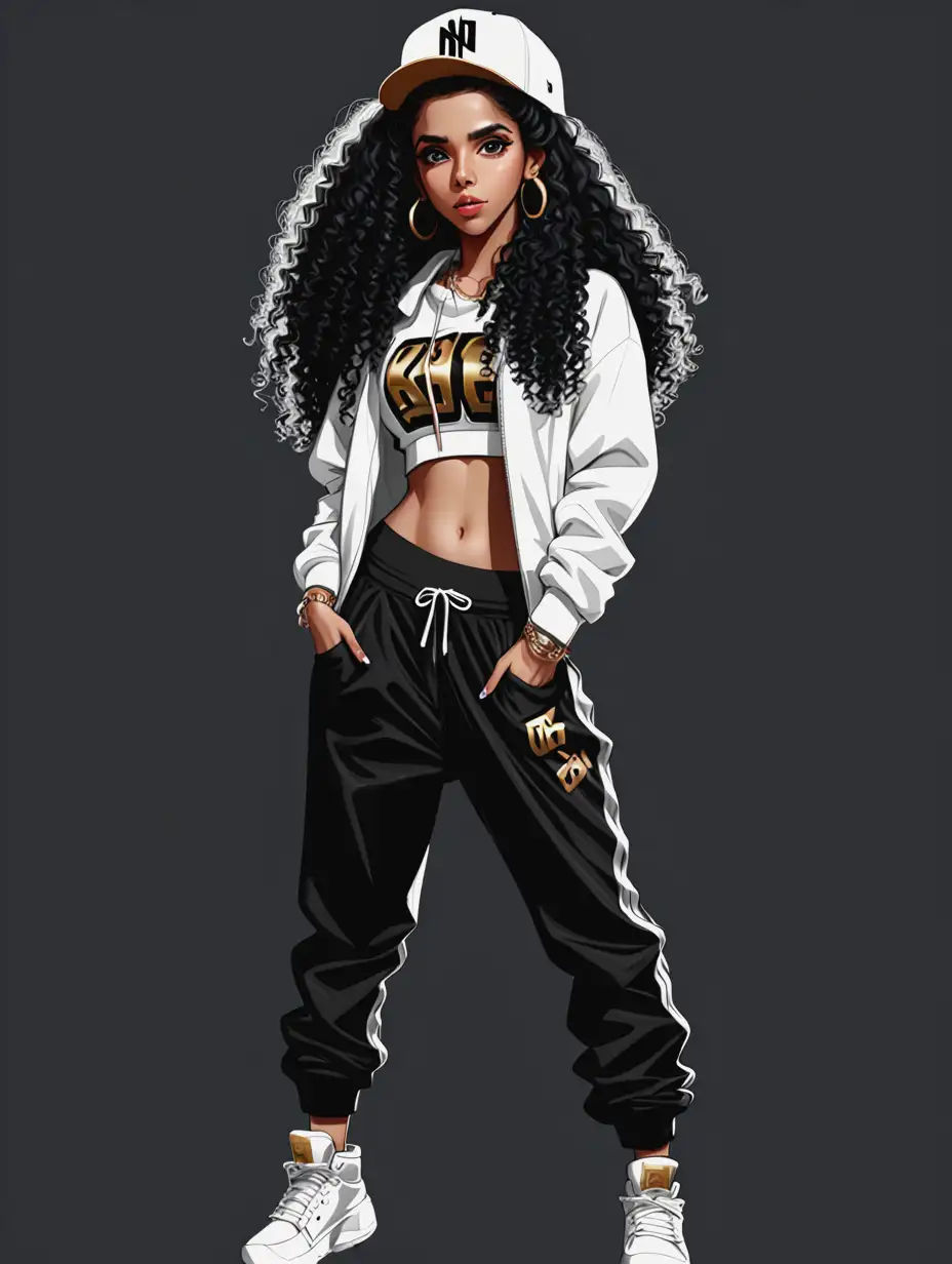 no background, front view, full body, hip hop fashion, ASIN female, LONG CURLY HAIR, long character