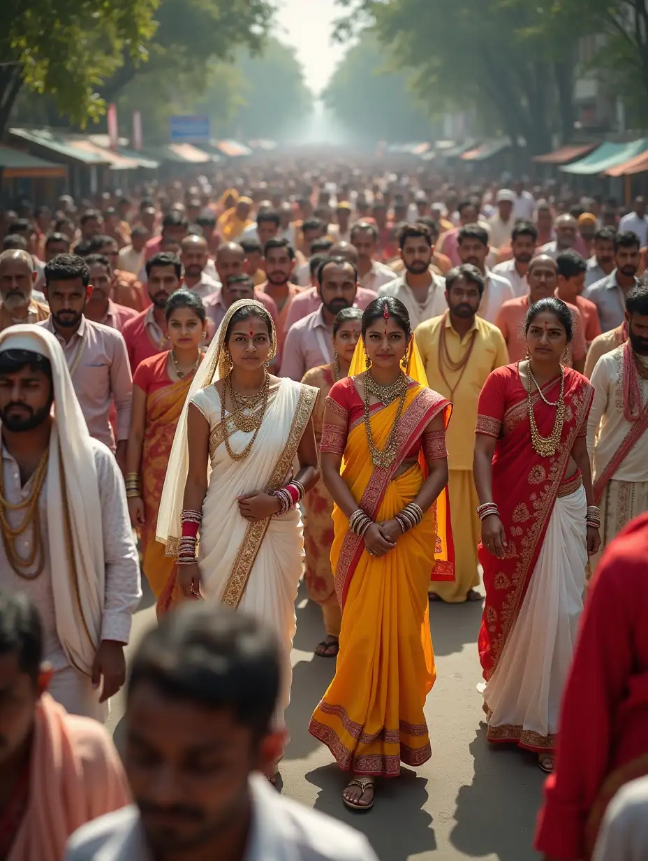 4K image taken from above using a drone of a festival held in Bangladesh, the roads are filled with crowds of joyful people. the woman are wearing white, yellow and red sarees with traditional Bengali patterns and they have lots of jewelry. The men are wearing white, red , and yellow Panjabis with patterns and are wearing accessories.