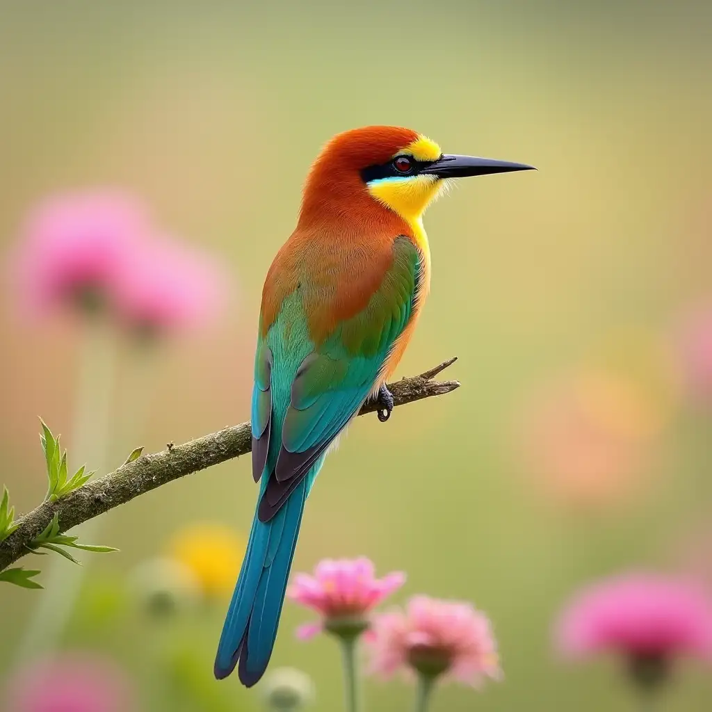 A vividly colored European bee-eater (Merops apiaster) bird perches on a slender, mossy branch. The bird (bird) has striking plumage: a deep red crown and nape, with a bold black eye stripe through red eyes. Its throat is golden yellow, bordered by a black line, blending into a warm orange-brown chest. The upper wings mix chestnut and turquoise, while the lower wings and back have an iridescent blue-green hue. The long tail feathers display layered blue-green shades. Its beak is slender, slightly curved, and black, ideal for catching insects mid-flight. The bird's body faces away from the camera, while its head is turned left. The background is a softly blurred wildflower meadow with pink and yellow blossoms, creating a dreamy feel. The shallow depth of field highlights the bird beautifully.