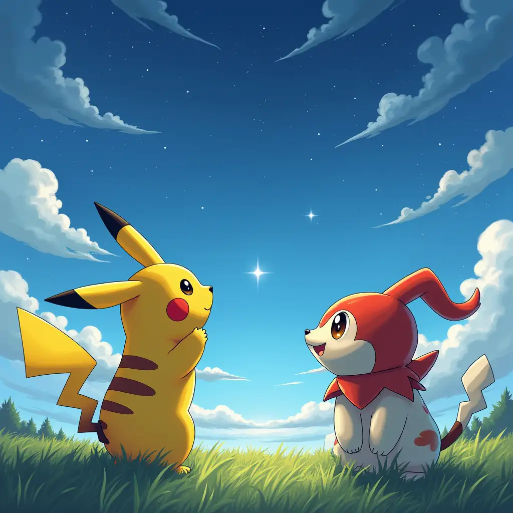 Pikachu and Glurak looking up at the sky