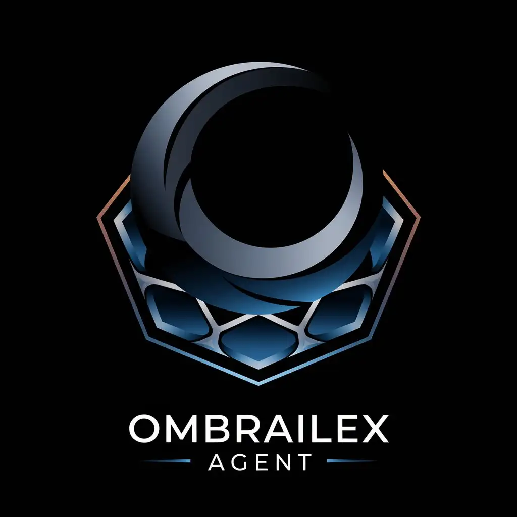 LOGO Design for Ombrailex Agent Sleek Abstract Crescent Moon with Geometric Lines in Obsidian Black Gradient Silver and Deep Sapphire Blue