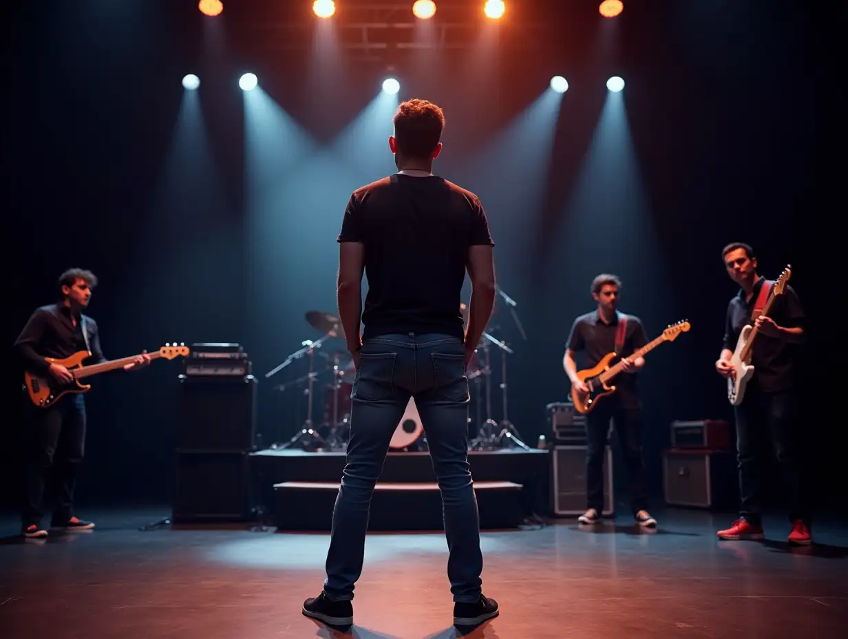 man wearing jeans and black shirt with black shoes,standing in center stage in front of band looking away from band