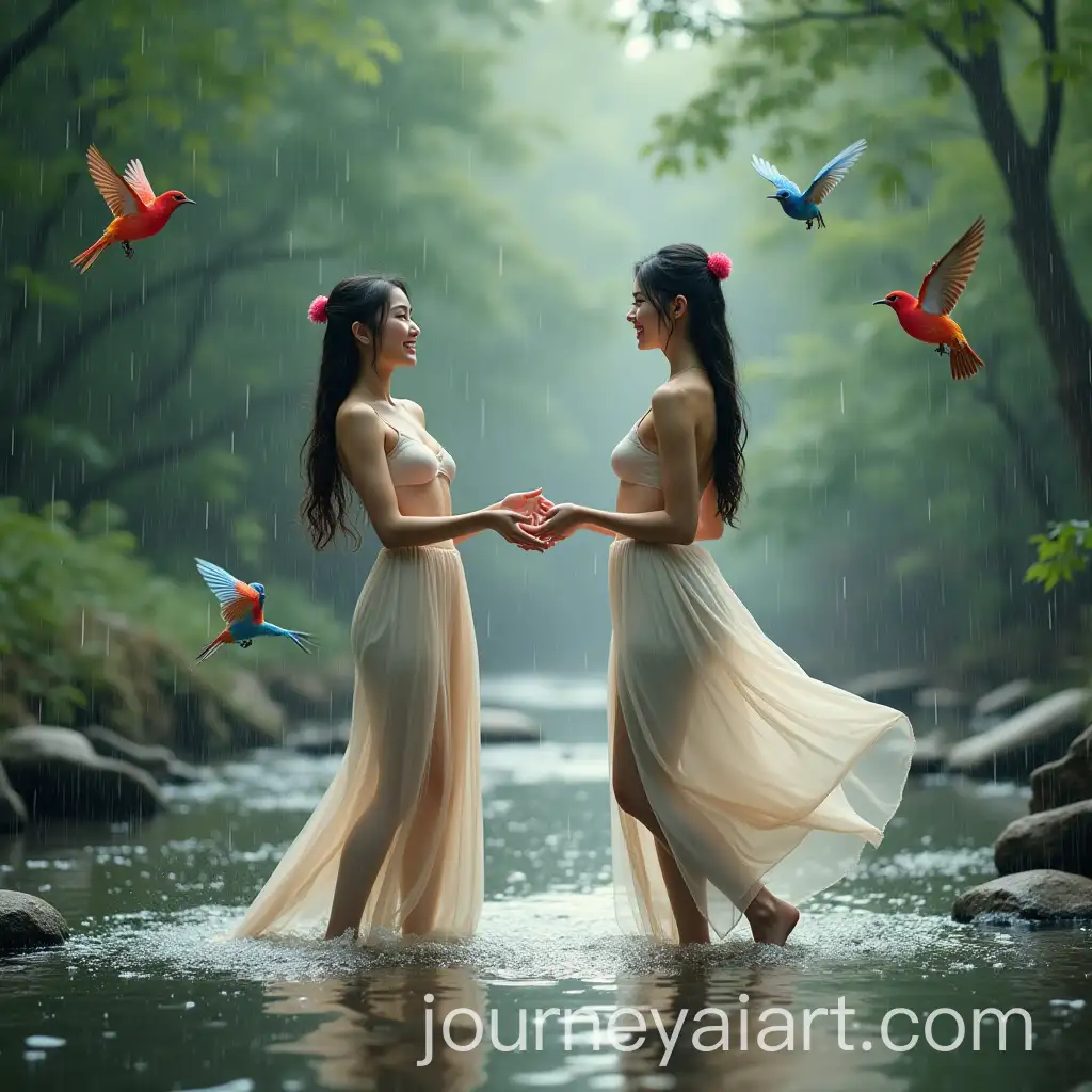 Two-Beautiful-Chinese-Women-Dancing-in-Rainforest-Stream-with-Colorful-Birds
