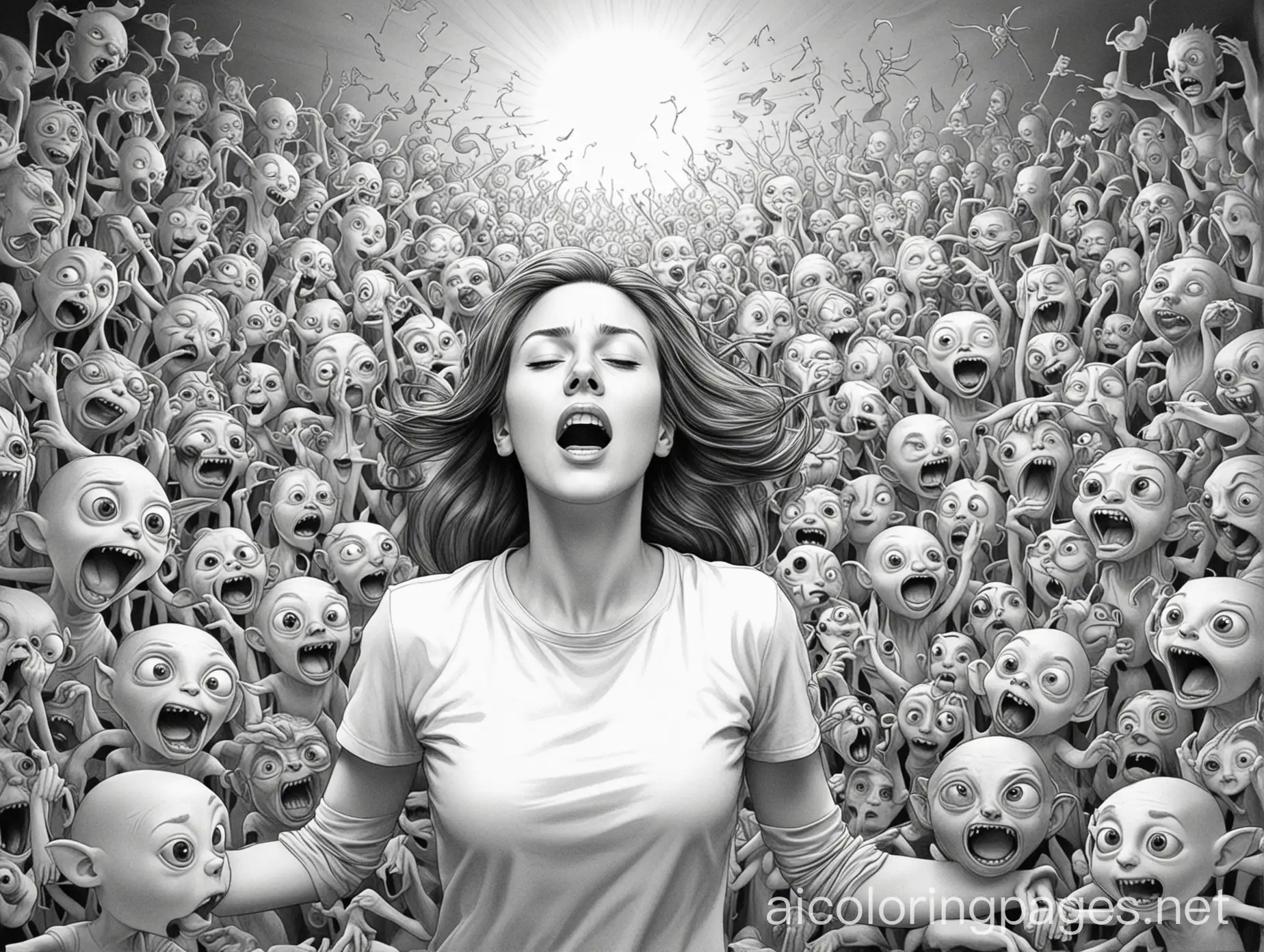 Disturbed-Woman-Surrounded-by-Dancing-Creatures-in-a-Dark-Room