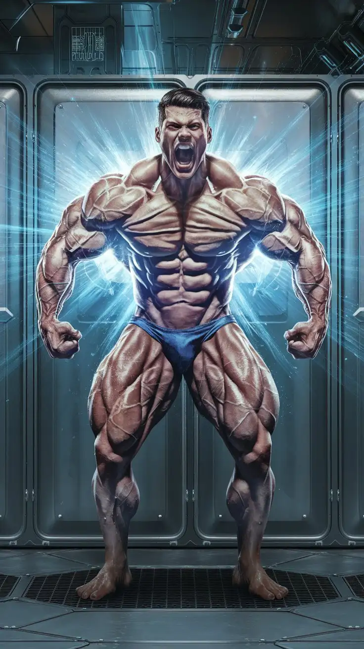 Young-Bodybuilder-Exposed-to-Luminous-Blue-Radiation-in-Futuristic-Physics-Lab