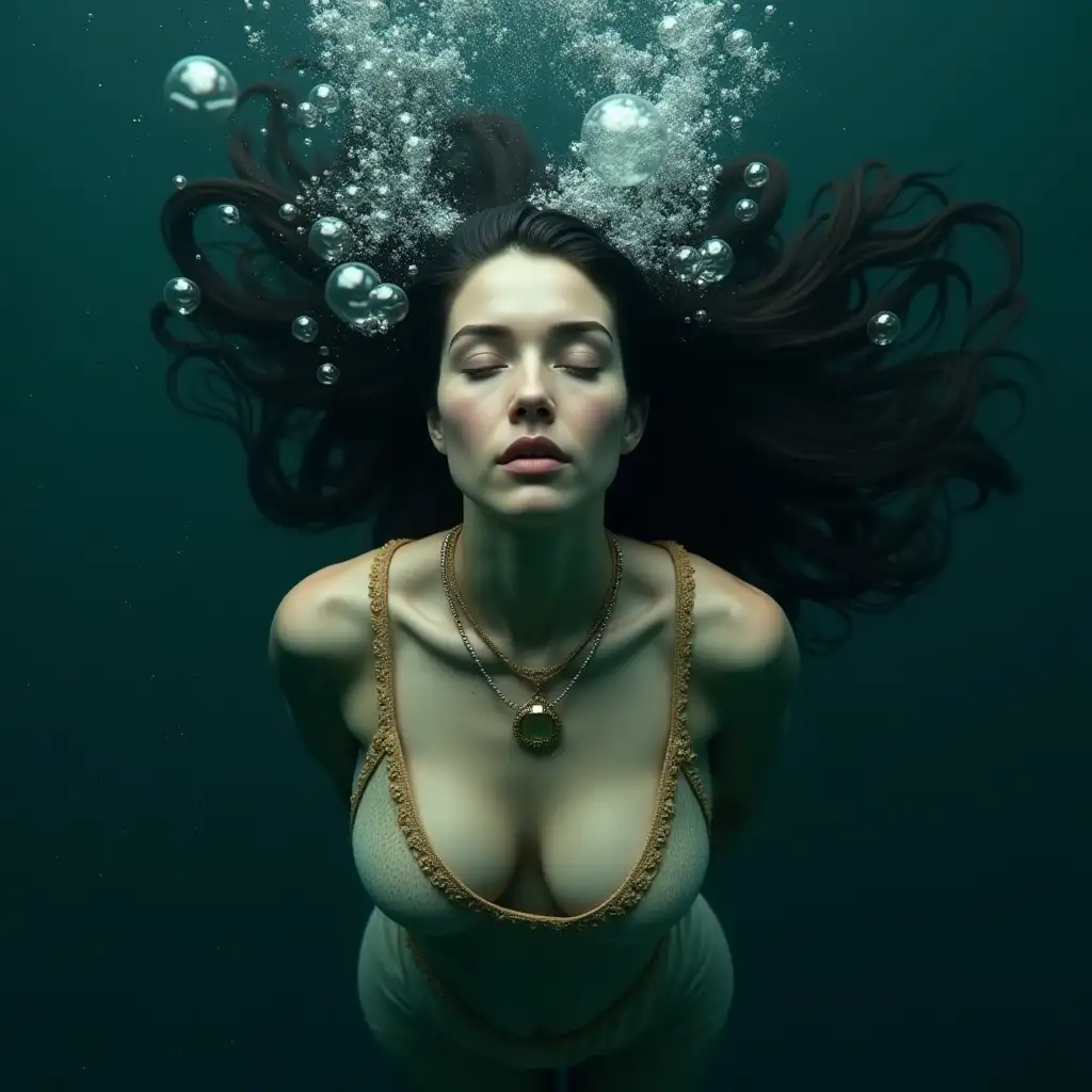 A  3d low angel view of a woman, her full body positioned in the center of the image, is submerged underwater. She is of white descent, appears to be in her late twenties or early thirties. She has very long, dark hair that is flowing and slightly wet, with bubbles rising around her head. Her expression is adventures , with lips slightly parted. She is wearing a  nudebodysuit or top, adorned with golden embroidery. A gold necklace with a pendant hangs around her neck.  Her body type is curvy. She is lying horizontally, face upward in the frame. Air bubbles surround her, rising to the surface. The underwater environment is dark teal, with the bubbles a light, icy blue.  The lighting is dramatic, highlighting the woman's form and creating a sense of depth.  The perspective is from slightly above and angled toward the subject.  The composition is focused on the woman as the central figure, framed by the dark teal water and the rising bubbles.  The atmosphere is mysterious, suggestive of a fantasy or surreal scene.