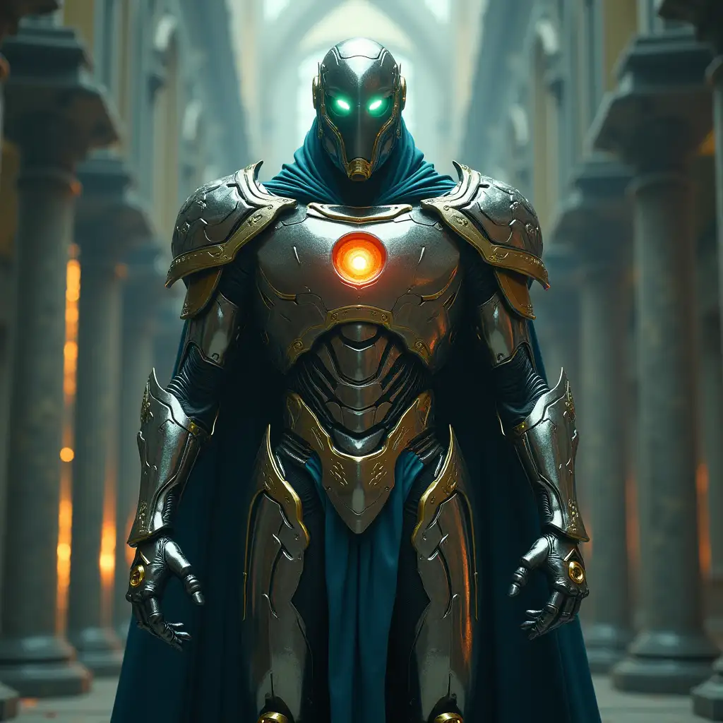 The God of technology looks like a tall and majestic entity, wearing shiny metallic armor that reflects light like steel mirrors. His eyes shine in a bright white-green color and he looks at a fully black humanoid creature in a blue cloak and with red eyes and in its chest there is a red-yellow nucleus and on his hands there are golden shields