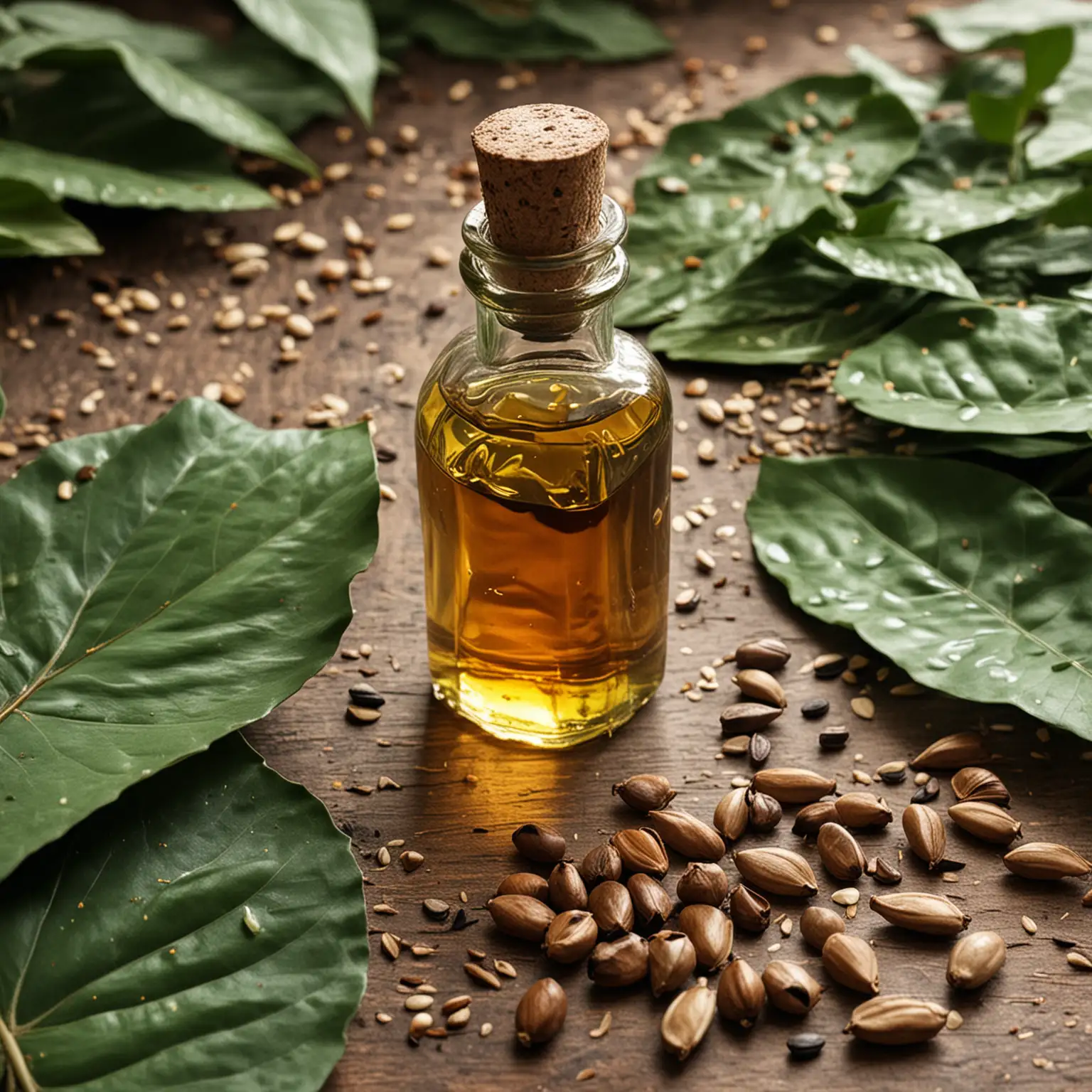 Organic Babassu Oil Bottle on Table with Seeds and Leaves