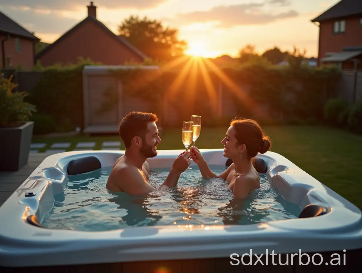 A modern square hot tub on a patio in a domestic uk back garden at sunset. distance shot, wide angle, realistic textures, a couple in the hot tub smiling holding champagne flutes